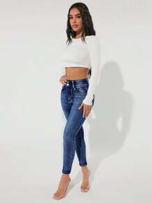 SHEIN PETITE Bleach Wash Skinny Jeans