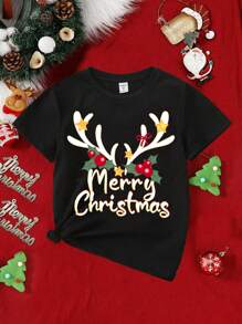 SHEIN 適用於夏季的青少年女孩休閒短袖聖誕圖案t恤 - 黑色 - 查看 1