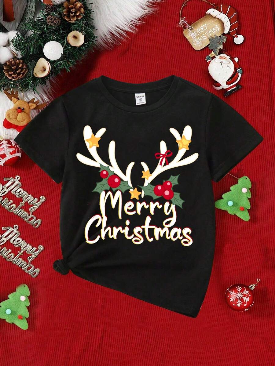 SHEIN 適用於夏季的青少年女孩休閒短袖聖誕圖案t恤 - 黑色 - 查看 1