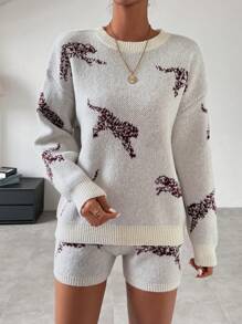 SHEIN LUNE Ladies' Leopard Print Drop Shoulder Sweater 2pcs/Set - Apricot - View 4