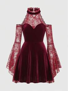 ROMWE PUNK Đầm Nút Tương phản ren Dây kéo màu trơn Buổi tiệc - Màu Đỏ Sâu - Xem 1