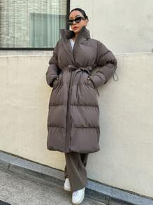 DAZY Women's Zippered Hooded Padded Coat With Belted Waist, Ladies Winter Casual Belted, Pocket, Zipper Regular Sleeve Hooded Regular Fit Mocha Brown Plain Women Padded Coats, Winter Warmth/ Winter Fashion ,Winter Women Clothes,Winter Coat Women - Mocha Brown - View 5