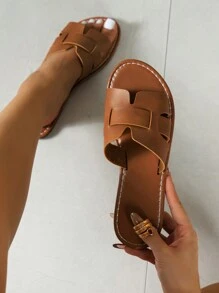 韩版女士休闲平底拖鞋夏季露趾透气凉鞋秋季新款编织罗马沙滩鞋法式女士配套裙子户外海边沙滩H款夏季波西米亚风平底度假沙滩鞋 - 棕色 - 查看 1