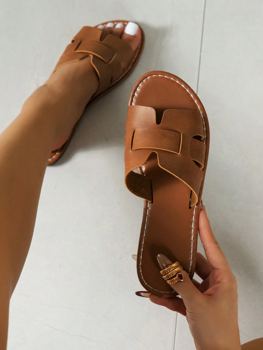 韩版女士休闲平底拖鞋夏季露趾透气凉鞋秋季新款编织罗马沙滩鞋法式女士配套裙子户外海边沙滩H款夏季波西米亚风平底度假沙滩鞋 - 棕色 - 查看 1