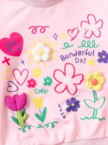 SHEIN 小女孩3d花卉裝飾運動衫和長褲套裝,適用於秋冬季節 - 粉色 - 查看 3