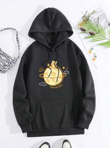 熊星球圖案印花袋鼠口袋保暖內裡連帽毛衣拉繩 - 黑色 - 查看 1