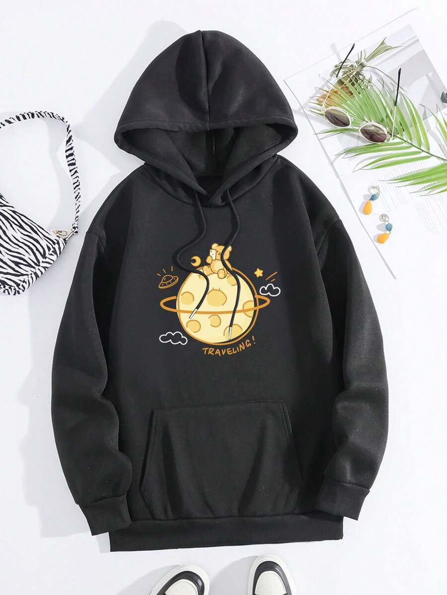 熊星球圖案印花袋鼠口袋保暖內裡連帽毛衣拉繩 - 黑色 - 查看 1