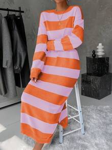 SHEIN Essnce 下垂肩條紋毛衣連衣裙,側面開衩 - 彩色 - 查看 6