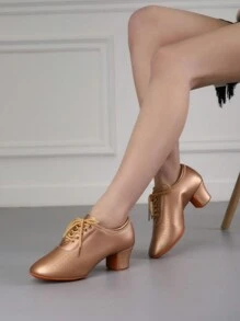 舞廳舞鞋適合女士超細纖維皮革帶呼吸洞跳舞鞋開叉鞋底繫帶舞蹈運動鞋 - 香檳色 - 查看 1