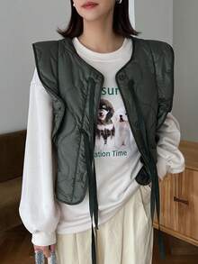 FRIFUL 女式無袖絎縫短襯墊大衣 - 綠色 - 查看 3