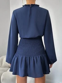 RueChic Vestido De Manga Lanterna Com Detalhe De Franzido E Bainha Com Babado Para Mulheres - Azul Real - Ver 2