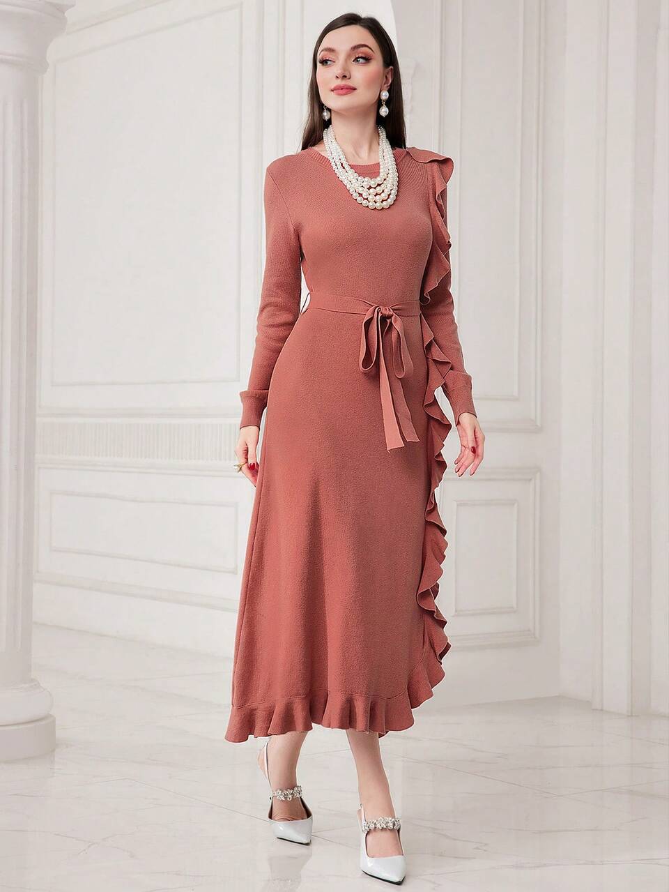 Ruffle Trim Decorated Long Sleeve Sweater Dress Fall Cloth For Women