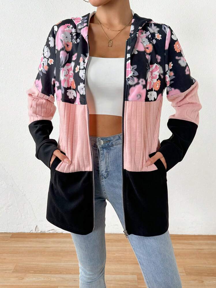 SHEIN LUNE Floral Printed Colorblocked Hooded Jacket - Multicolor - View 4