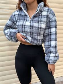 SHEIN Unity Kẻ sọc 	
Fuzzy Nửa Zip Quần skinny Áo nỉ - Màu xanh bụi bặm - Xem 4