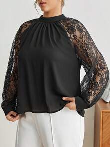 BizChic Hơn Ren tương phản Tay Raglan Cổ giả Áo sơ mi - màu đen - Xem 3