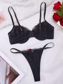 Women's Floral Embroidery Mesh Sexy Lingerie Set - Black - View 2