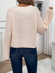 SHEIN Essnce 肋針針織圓領拉幫袖毛衣 - 米色 - 查看 2