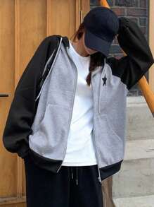 DAZY 女式秋季五角星图案插肩袖拉链前开连帽运动衫，休闲保暖内衬 - 灰色 - 查看 2