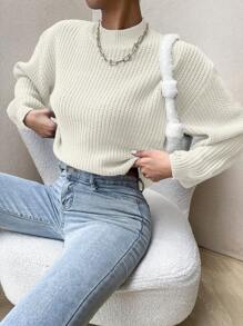 SHEIN Essnce Women's Stand Collar Drop Shoulder Design Long Sleeve Sweater Pullover - White - View 4