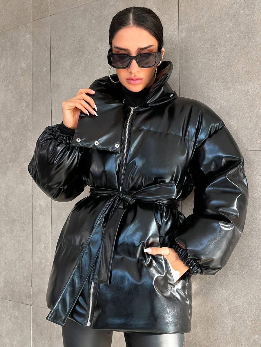 EURMUSE 立領垂肩袖棉墊外套 - 黑色 - 查看 1