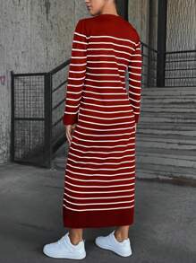 Cloudara Striped Long Sleeve Round Neck Sweater Dress - Red - View 2