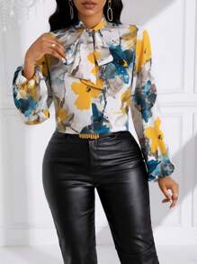 SHEIN Lady 花卉圖案綁領襯衫 - 彩色 - 查看 5