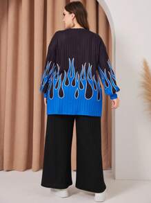 Mulvari Plus Size Flame Pattern T-shirt And Pants Set - Multicolor - View 2