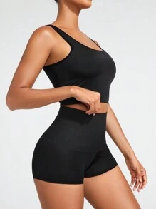 SHAPORA 女款純色短上衣和塑身短褲套裝 - 黑色 - 查看 5