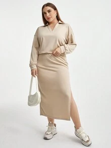 SHEIN Essnce Của phụ nữ Kích thước lớn Lỏng lẻo phù hợp Thả vai Áo thun Và Bộ váy , Màu thuần - Màu be - Xem 3