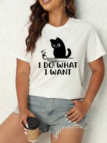 SHEIN LUNE 女大尺碼貓和字母印花短袖 T 卹 - 白色 - 查看 4