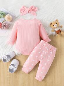 SHEIN Vintaside Kids Conjunto de body, pantalones y diadema con estampado de oso lindo para bebé niña en color rosa - Rosa - Ver 2