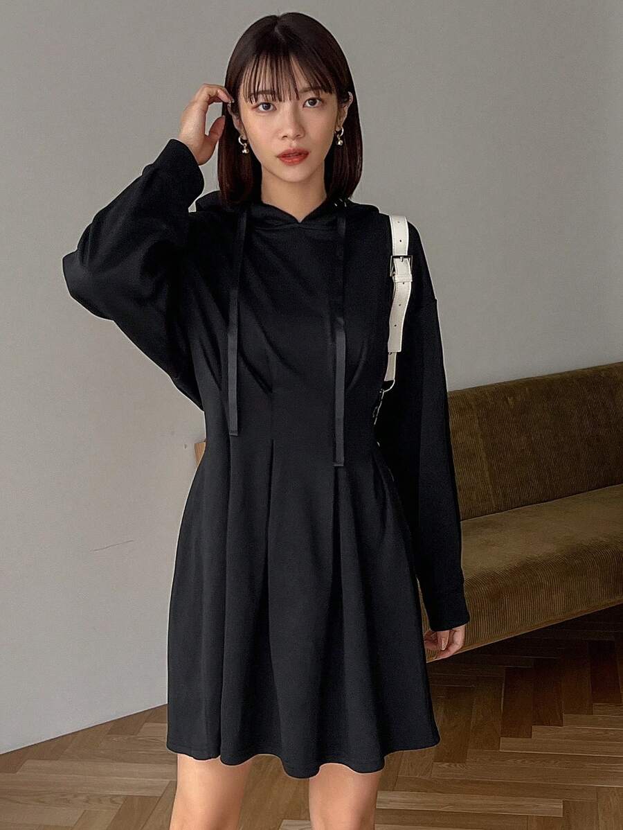 FRIFUL Women's Plain Drawstring Hooded Pleated Dress - Black - View 1