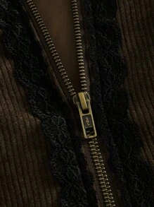 ROMWE PUNK Contrast Lace Flare Sleeve Jacket - Brown - View 3