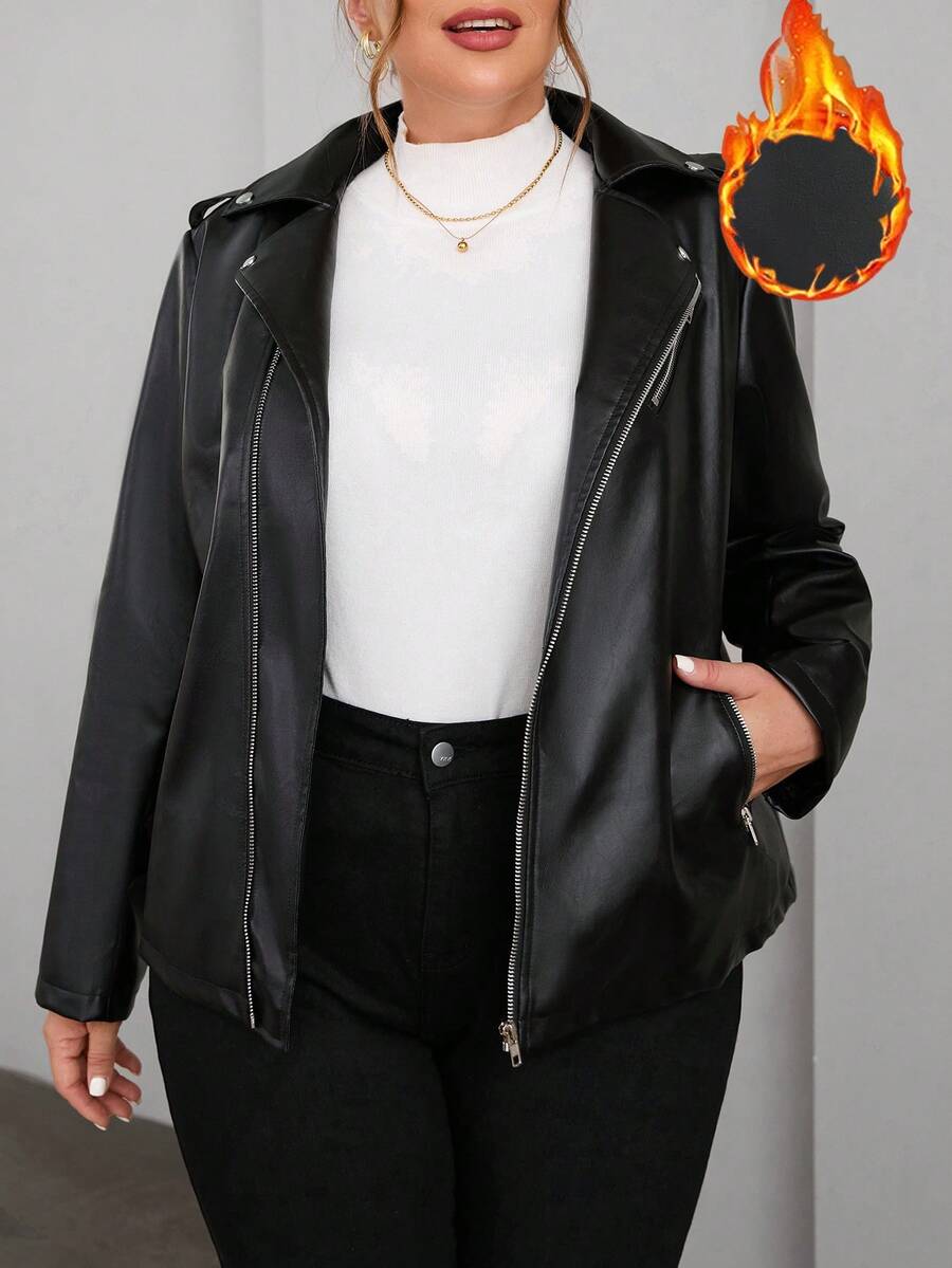 SHEIN Essnce Hơn Dây kéo chất liệu da PU Áo khoác moto - màu đen - Xem 1