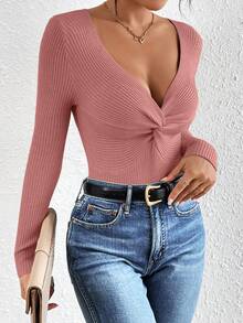 SHEIN Frenchy Của phụ nữ Thon gọn Xoắn Cable Sọc Áo len - Màu Hồng  San hô - Xem 4