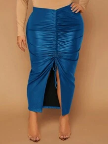 SHEIN SXY 大尺碼女式抽繩腰部開衩下擺半身裙 - 藍色 - 查看 7