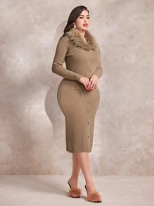 Modelyn Women's Fur Collar Button Up Cardigan - Brown - View 4