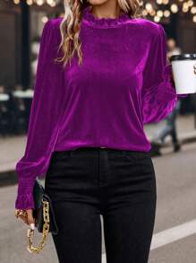 SHEIN Clasi Của phụ nữ Nhung Áo sơ mi Với Viền Ruffle - Màu đỏ tím - Xem 6