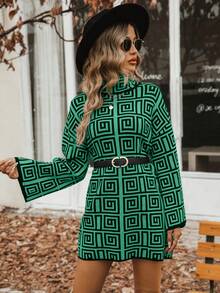 SHEIN LUNE In Hình học Cổ cao Thả vai Tay áo dài Đầm Áo len - màu xanh lá - Xem 5