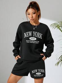 SHEIN EZwear 2 件/套字母印花運動衫和短褲套裝 - 黑色 - 查看 5