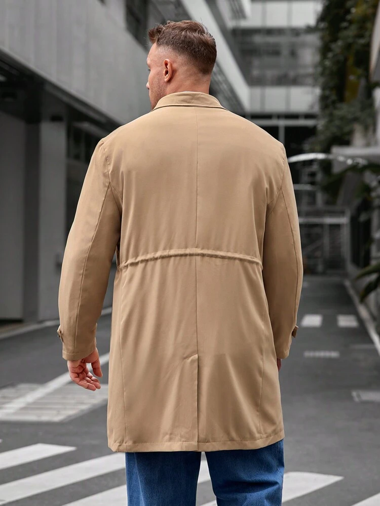 Men's Plus Size Single Breasted Drawstring Waist Trench Coat, For Fall Winter