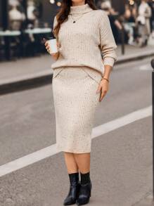 SHEIN LUNE Plus Size High Neck Drop Shoulder Sleeve Sweater And Skirt Set