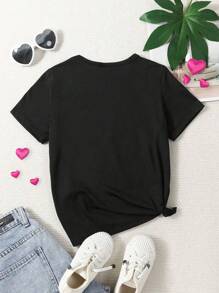 SHEIN Young Girls' Pink Heart Pattern Short Sleeve T-Shirt With Round Neckline - Black - View 2