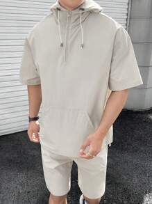 Claim Dot 男士宽松袋鼠口袋半拉链上衣和短裤套装，亚麻布，外出，男友礼物，纯色，休闲 - 灰色 - 查看 4