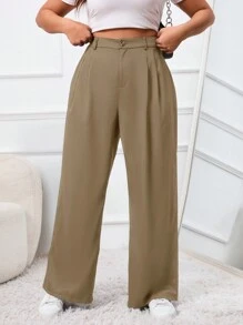 SHEIN EZwear 秋冬大码女式微褶直筒西装裤 - 卡其色 - 查看 1