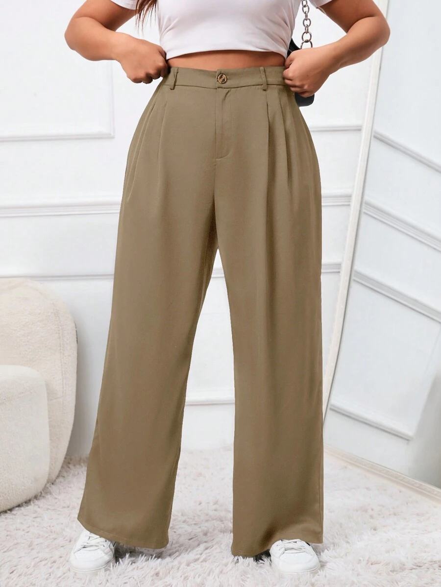 SHEIN EZwear 秋冬大码女式微褶直筒西装裤 - 卡其色 - 查看 1