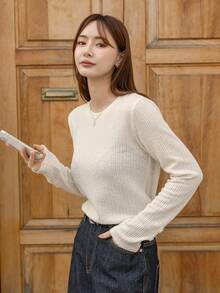 DAZY 女款純色修身圓領羅紋羈絆 T 卹 - 米色 - 查看 8