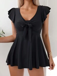 SHEIN Swim 女士蝴蝶袖迷你連身裙分身泳衣 - 黑色 - 查看 1