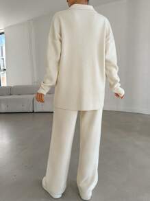 Ladies' Pure Color Two Piece Set Including Top And Pants/sweater Saying 'you Look Good' - Apricot - View 2