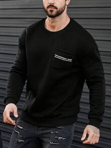 Manfinity Nam Áo nỉ Với In thư Và Mặt trước Túi - màu đen - Xem 5